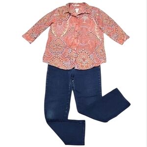 Chico's Paisley Button Up Front Blouse Collared Shirt Quarter Sleeve Colorful 8